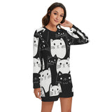Women's Monochrome Meow Lounge Round Neck Raglan Sleeve Sweater | Polyester Blend
