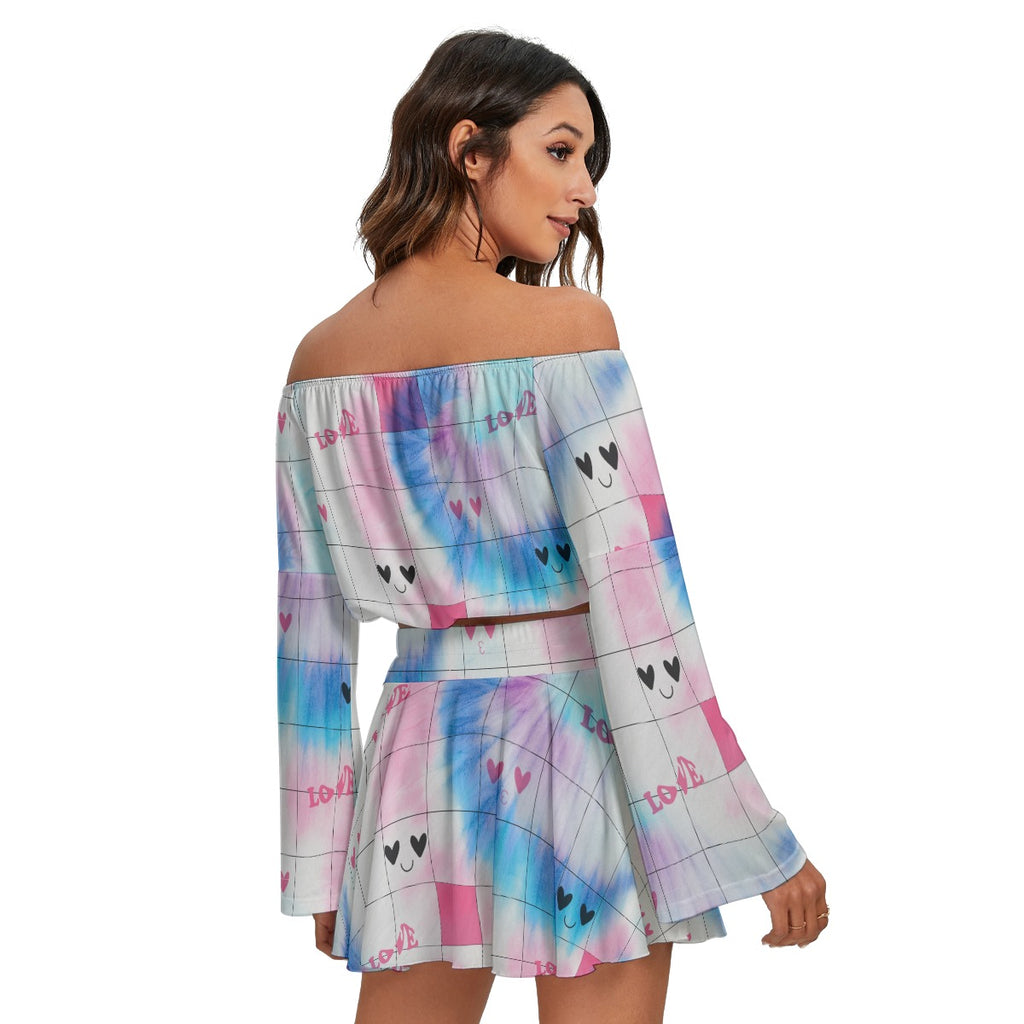 Kawaii Heaven Women Off-Shoulder Microfiber Crop Top & Skirt Set - Pastel Grid Print