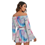 Kawaii Heaven Women Off-Shoulder Microfiber Crop Top & Skirt Set - Pastel Grid Print