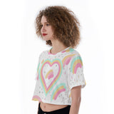 Kawaii Heaven Rainbow Heart Cropped T-Shirt - Cute Pastel Graphic Crop Top for Gym Yoga Outdoor Activities
