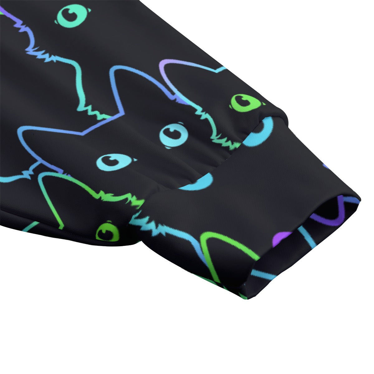 Neon Cat Print Zip-Up Hoodie with Cat Ears - Black Unisex Scuba Hooded Jacket