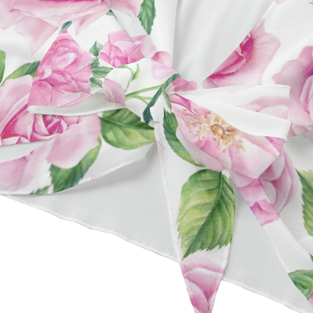 Floral Rose Mesh Tie Front Top – Bell Sleeve Sheer Blouse