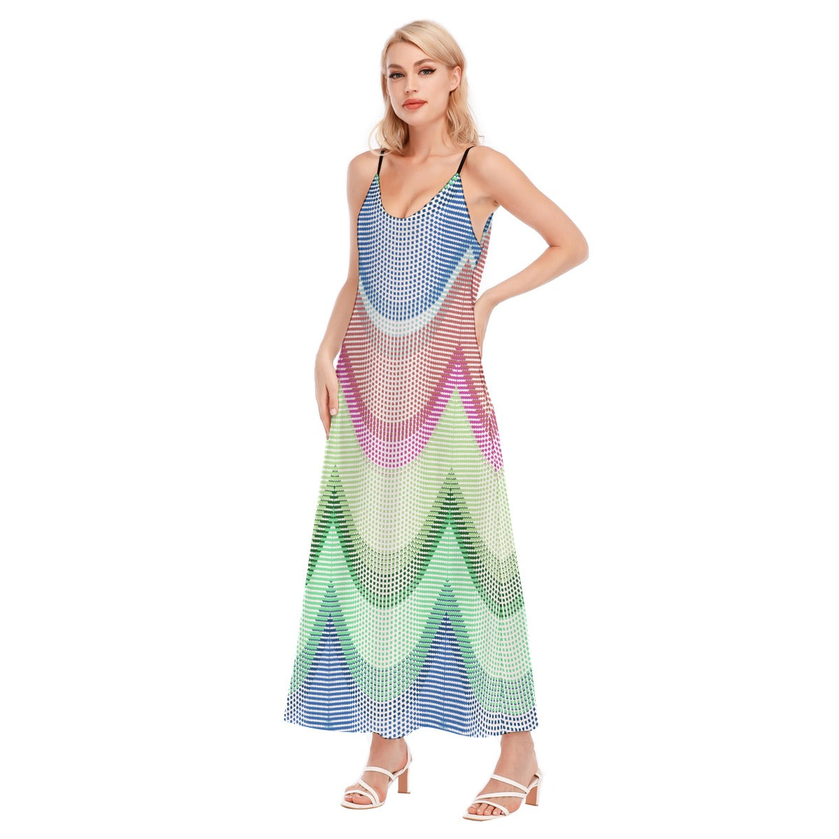 Rainbow Wave Maxi Dress – Colorful Geometric Spaghetti Strap Dress