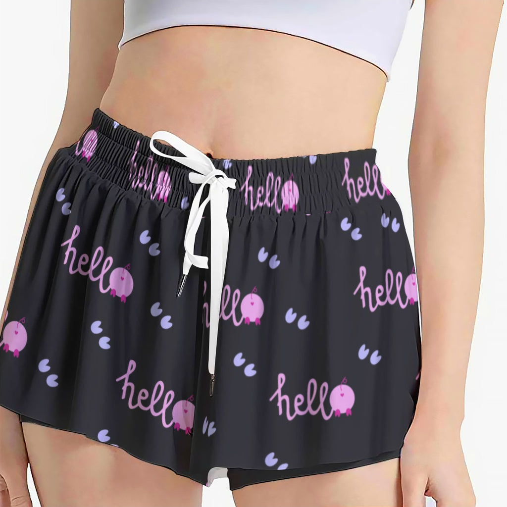 Kawaii Hello Print Women's Athletic Skorts with Pockets - Soft Microfiber Sport Skirt Shorts