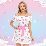 Off Shoulder Chiffon Dress with Bow Print – Lightweight Summer Mini Dress