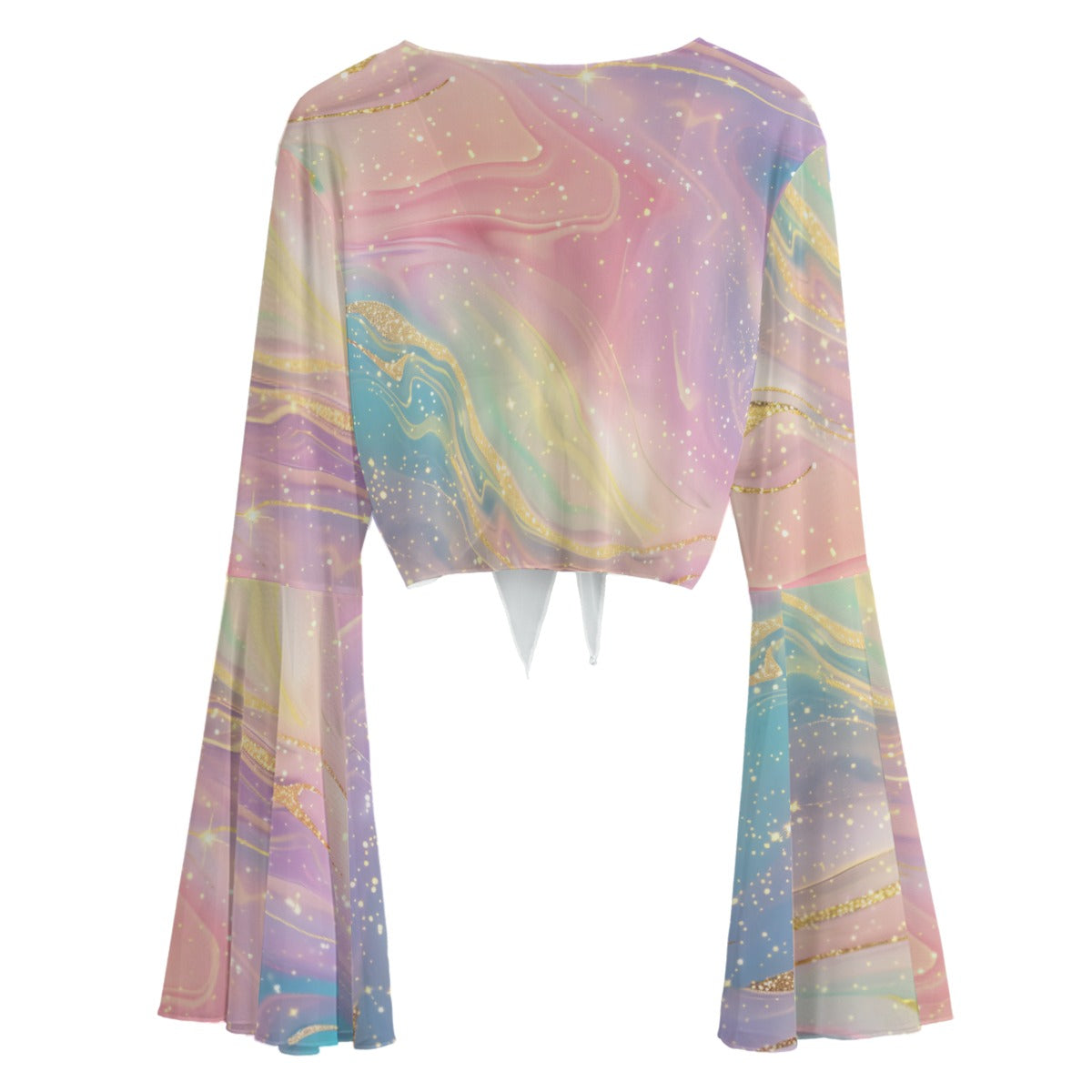 Pastel Galaxy Mesh Tie Front Top – Sheer Bell Sleeve Blouse