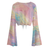 Pastel Galaxy Mesh Tie Front Top – Sheer Bell Sleeve Blouse