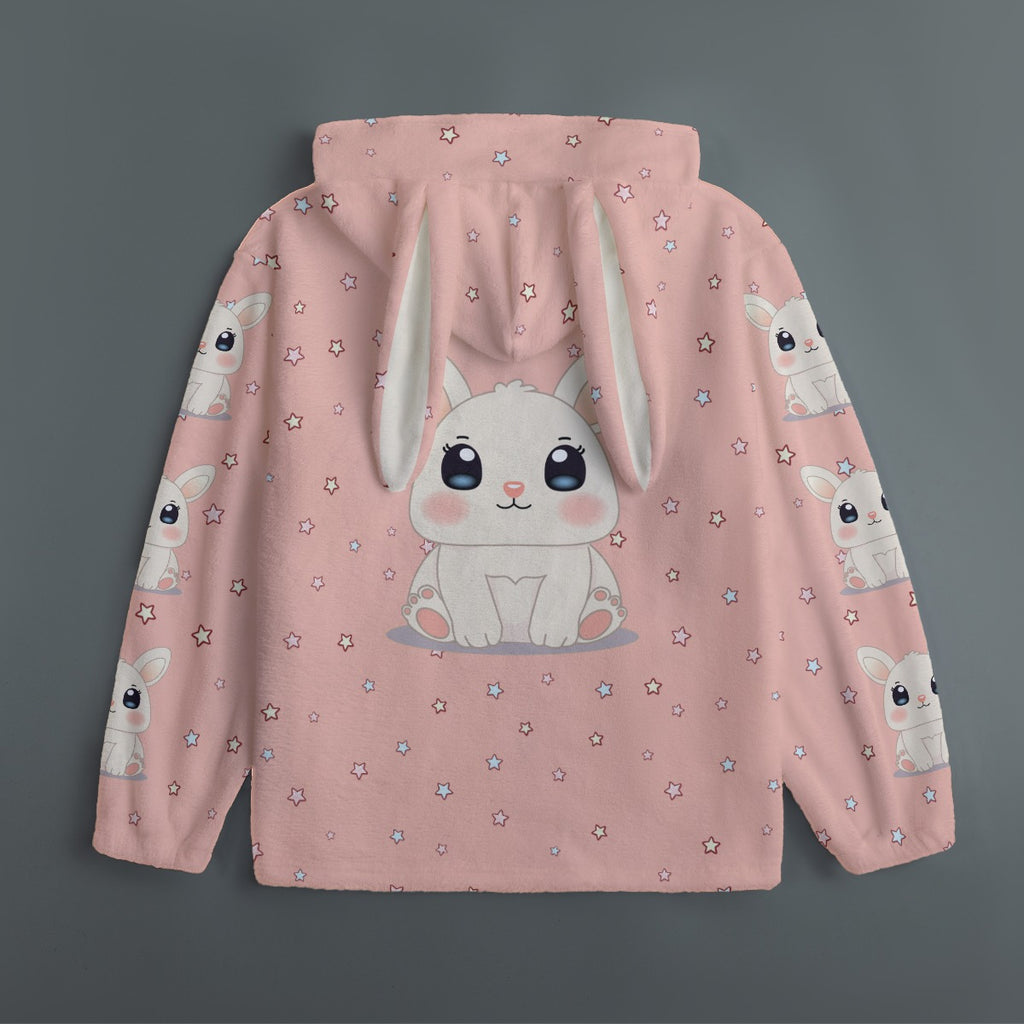 Kawaii Bunny Ear Hoodie – Cute Pink Fleece Zip Up Jacket
