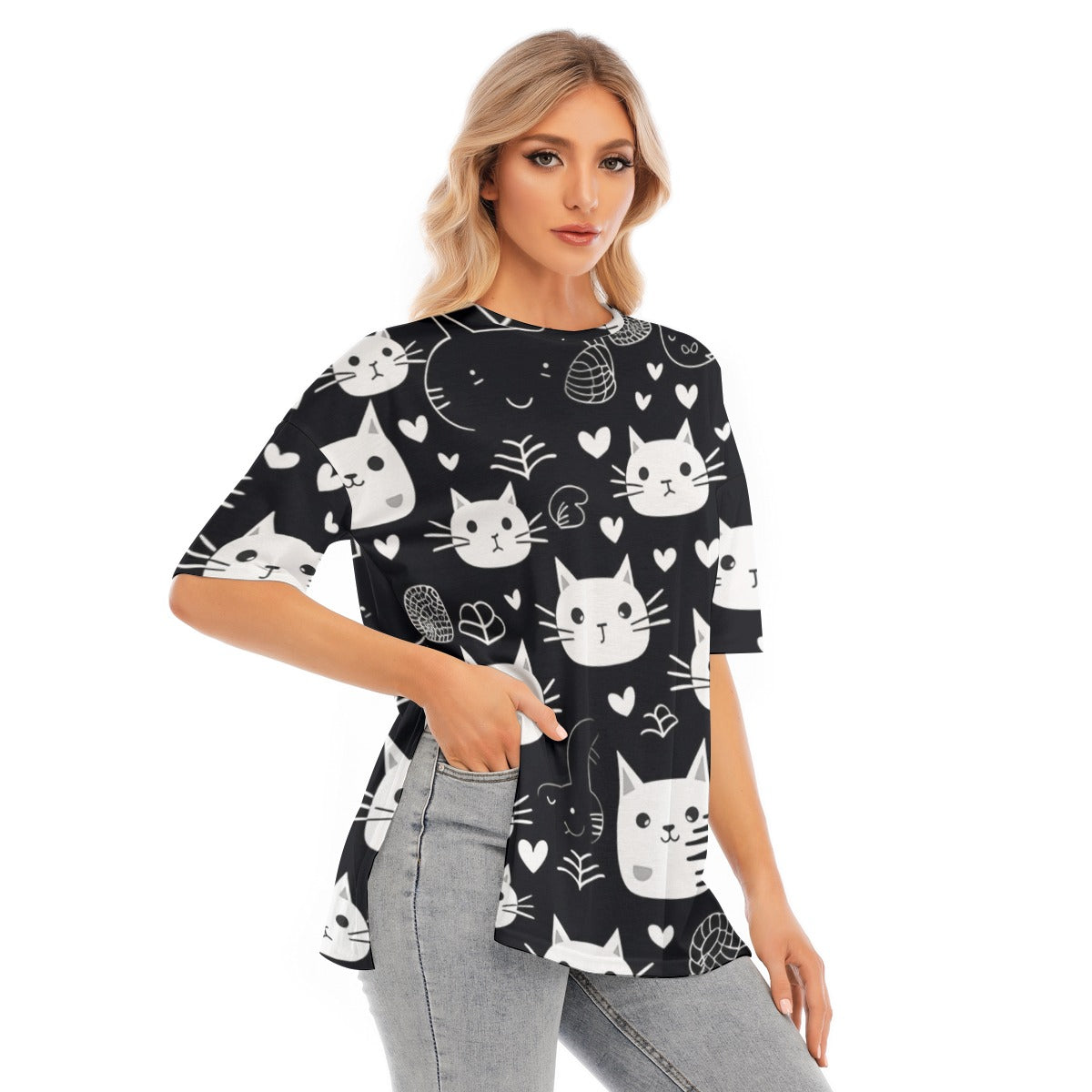 Women's Midnight Meow Short Sleeve T-Shirt with Hem Split - Oversized Crew Neck