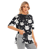 Women's Midnight Meow Short Sleeve T-Shirt with Hem Split - Oversized Crew Neck