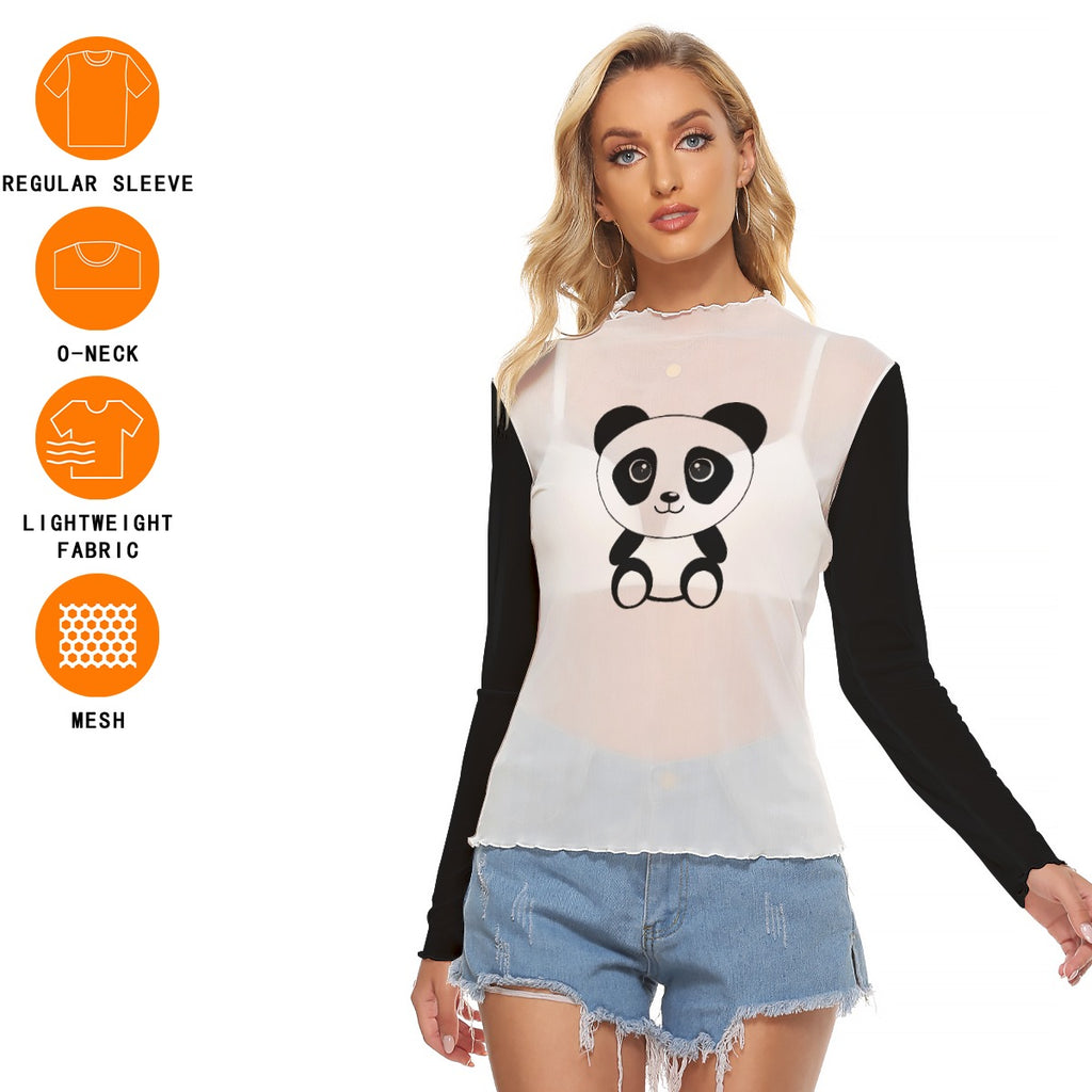 Kawaii Heaven Women's Cute Panda Mesh Long Sleeve Shirt - Sexy Sheer Graphic Top