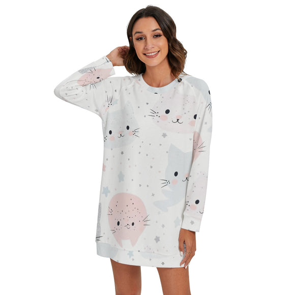 Women's Pastel Kawaii Kitty Round Neck Raglan Sleeve Sweater | Polyester