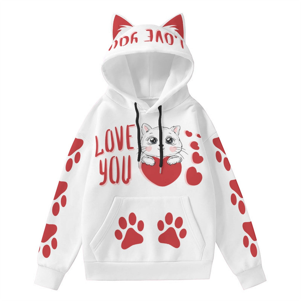 Love You Cat Hoodie - White Pullover with Red Paw Prints & Decorative Ears, Kawaii Animal Sweatshirt