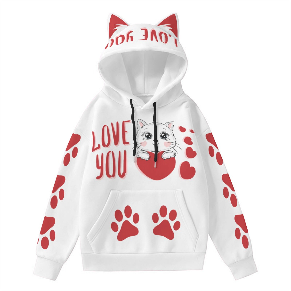 Love You Cat Hoodie - White Pullover with Red Paw Prints & Decorative Ears, Kawaii Animal Sweatshirt