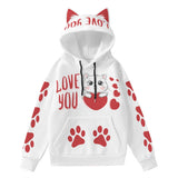 Love You Cat Hoodie - White Pullover with Red Paw Prints & Decorative Ears, Kawaii Animal Sweatshirt