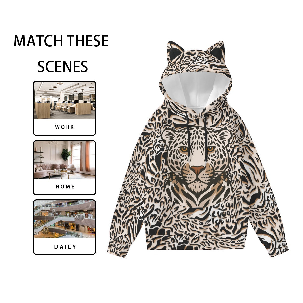 Kawaii Heaven Women's Leopard Face Print Hoodie with Decorative Cat Ears - Cute Pullover Sweatshirt