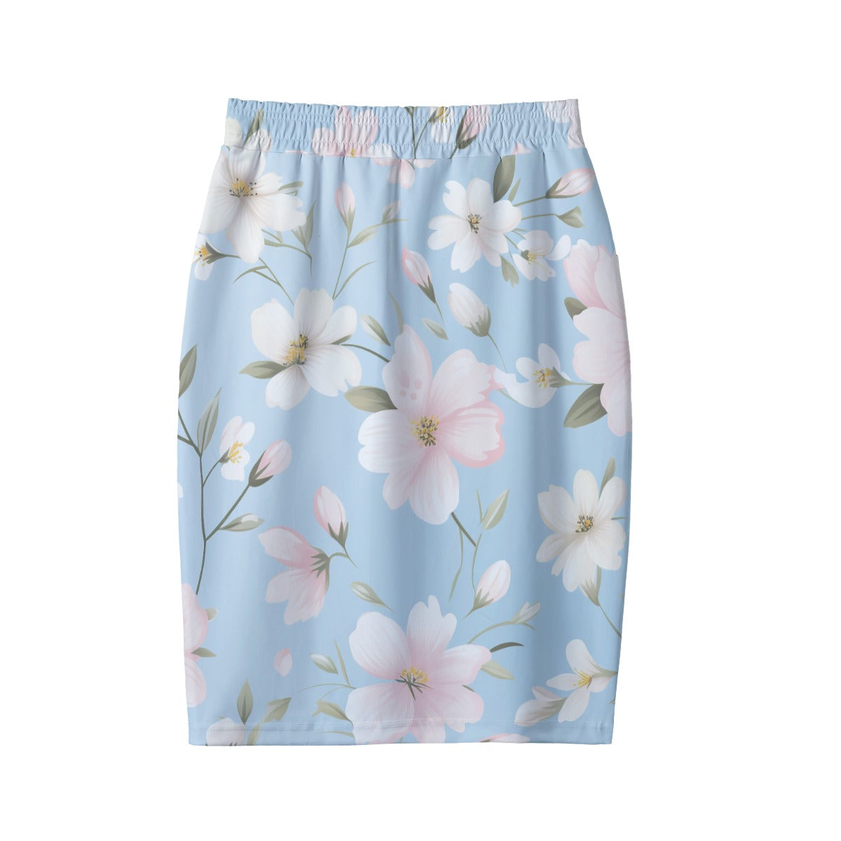 Pastel Blue Floral Pencil Skirt with Pockets