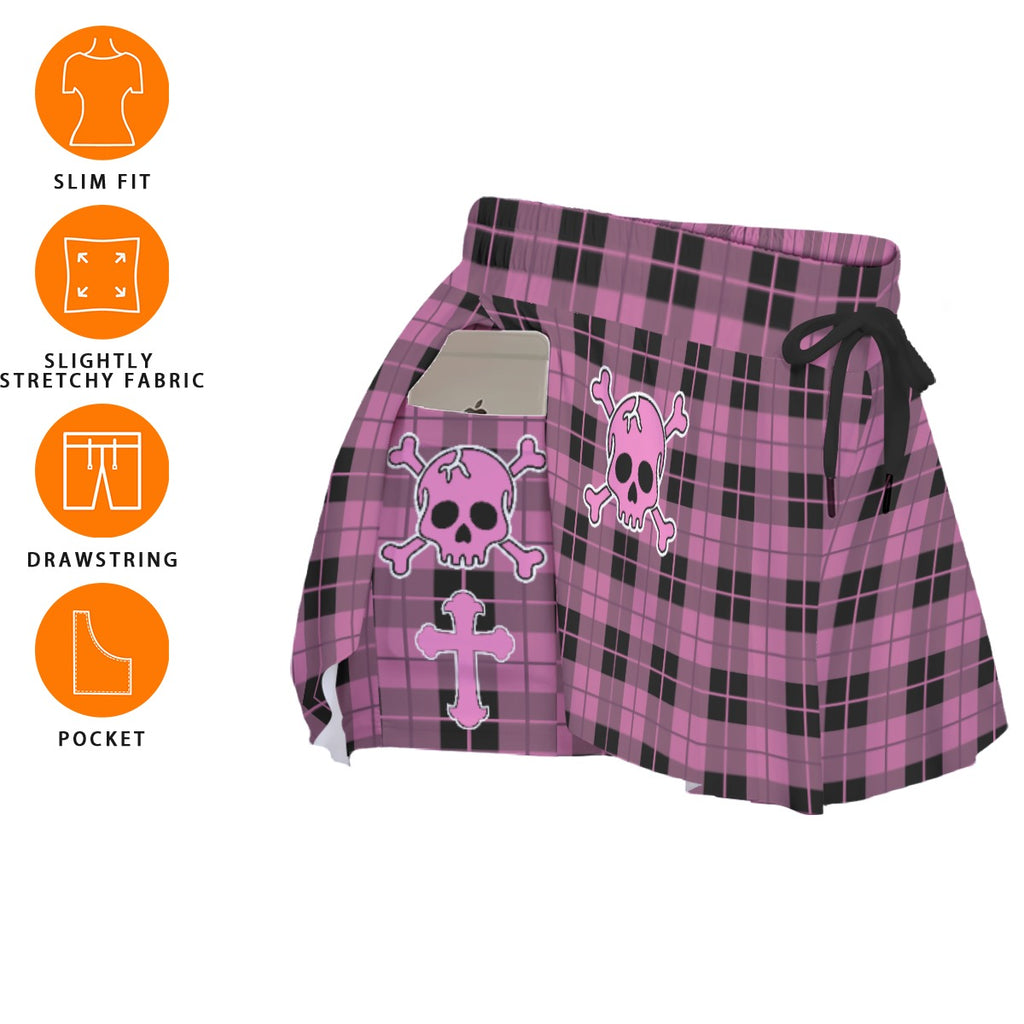 Pink Plaid Skull Skort – Gothic Skirt Shorts with Pockets