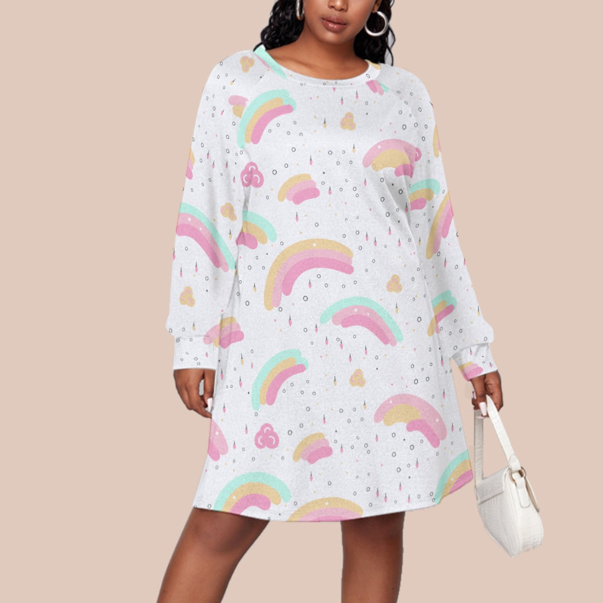 Kawaii Pastel Rainbow Cloud Raindrop Print Plus Size Long Sleeve Raglan Dress