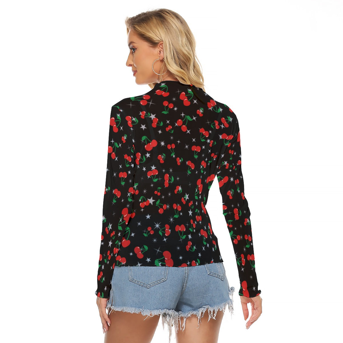Cherry Print Mesh Top – Black Long Sleeve Slim Fit Shirt