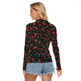 Cherry Print Mesh Top – Black Long Sleeve Slim Fit Shirt