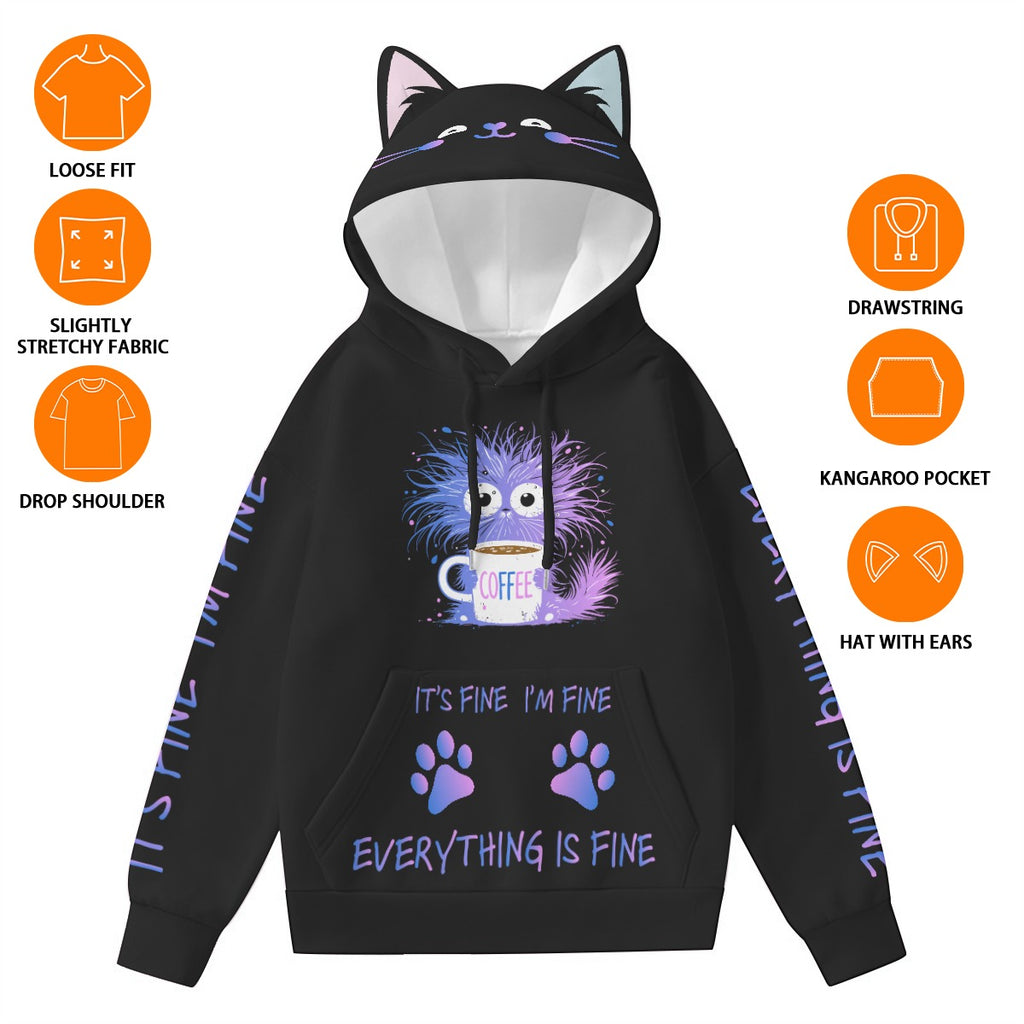 Kawaii Cat Ear Hoodie – “Everything Is Fine” Coffee Sweatshirt for Cat Lovers