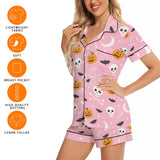 Women's Imitation Silk Short Sleeve Pajama Set - Halloween Pumpkin Skull Bat Print