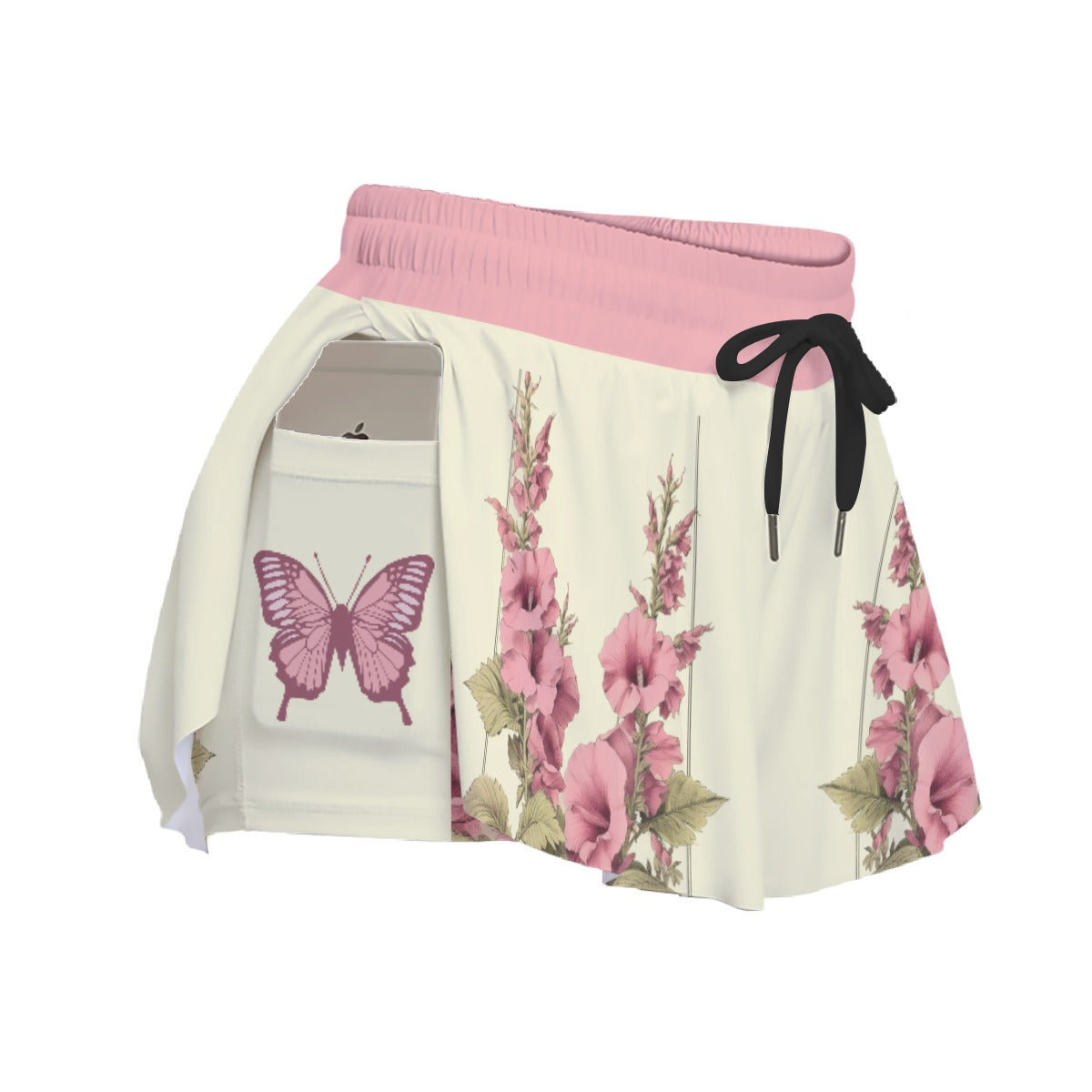 Floral Butterfly Microfiber Sport Skort with Phone Pocket - Pink Athletic Skirt for Tennis