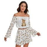 Teddy Bear Off-Shoulder Two-Piece Set – Long Sleeve Crop Top & Mini Skirt