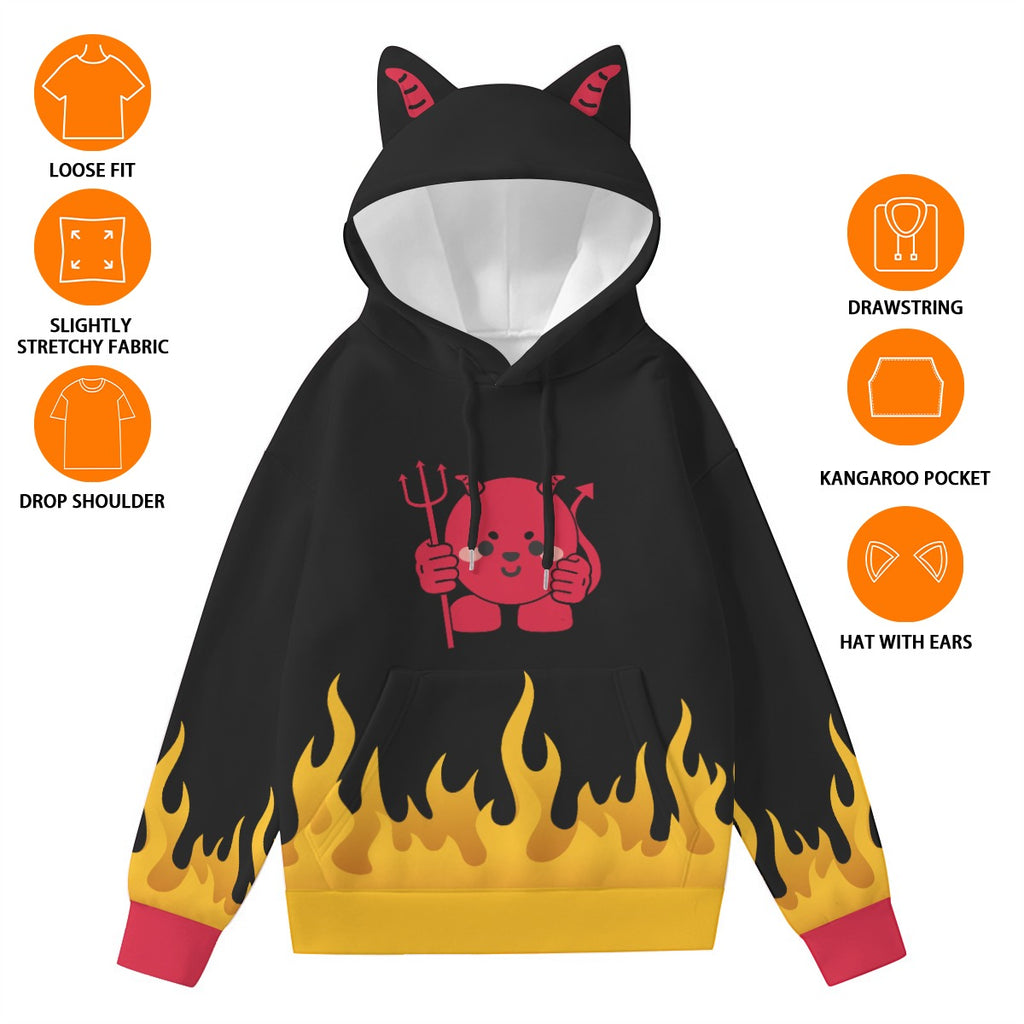 Kawaii Devil Flame Women's Hoodie with Cat Ears - Fashionable Streetwear