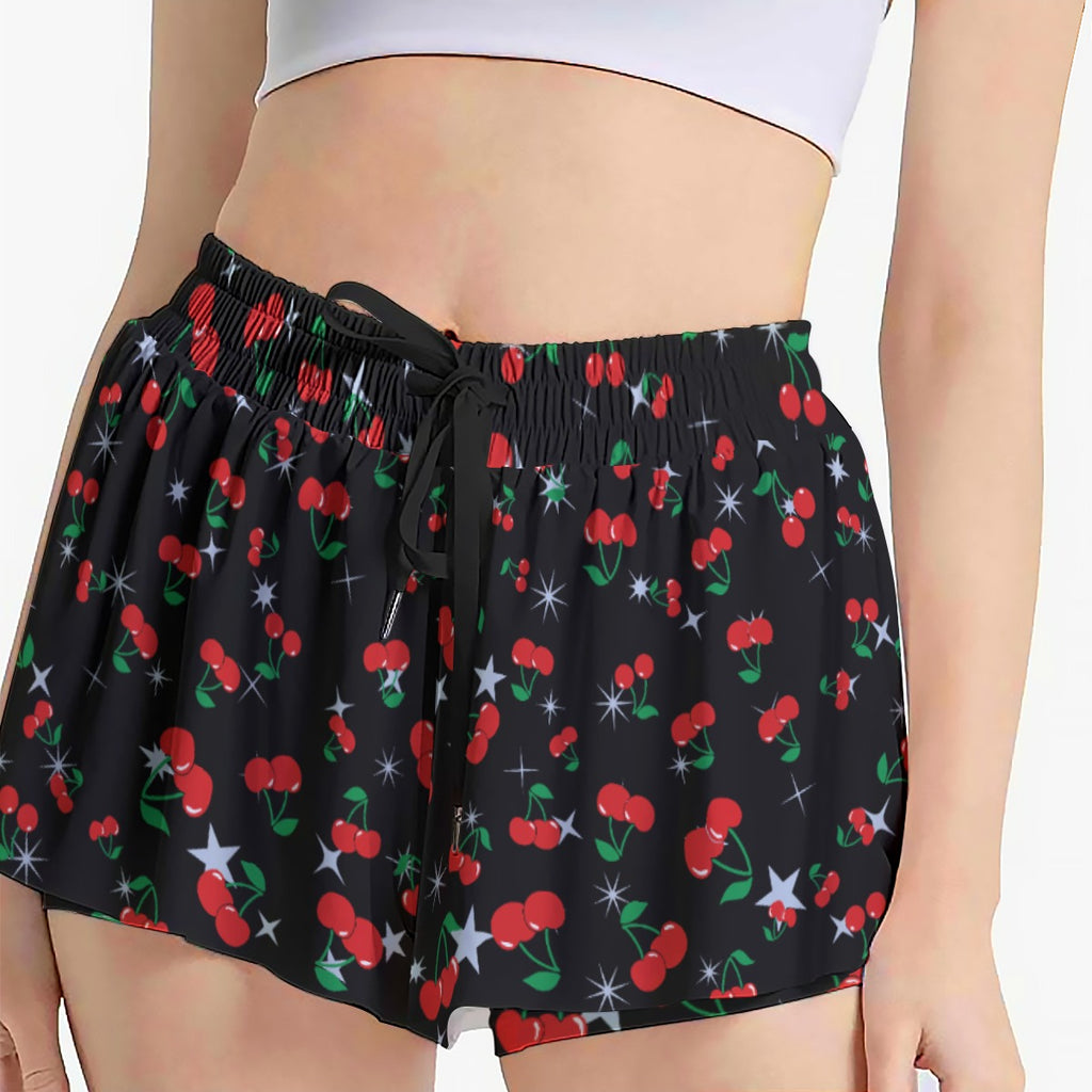 Cherry Print Skort – Black Skirt Shorts with Pockets