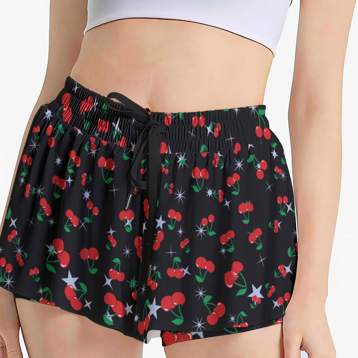 Cherry Print Skort – Black Skirt Shorts with Pockets