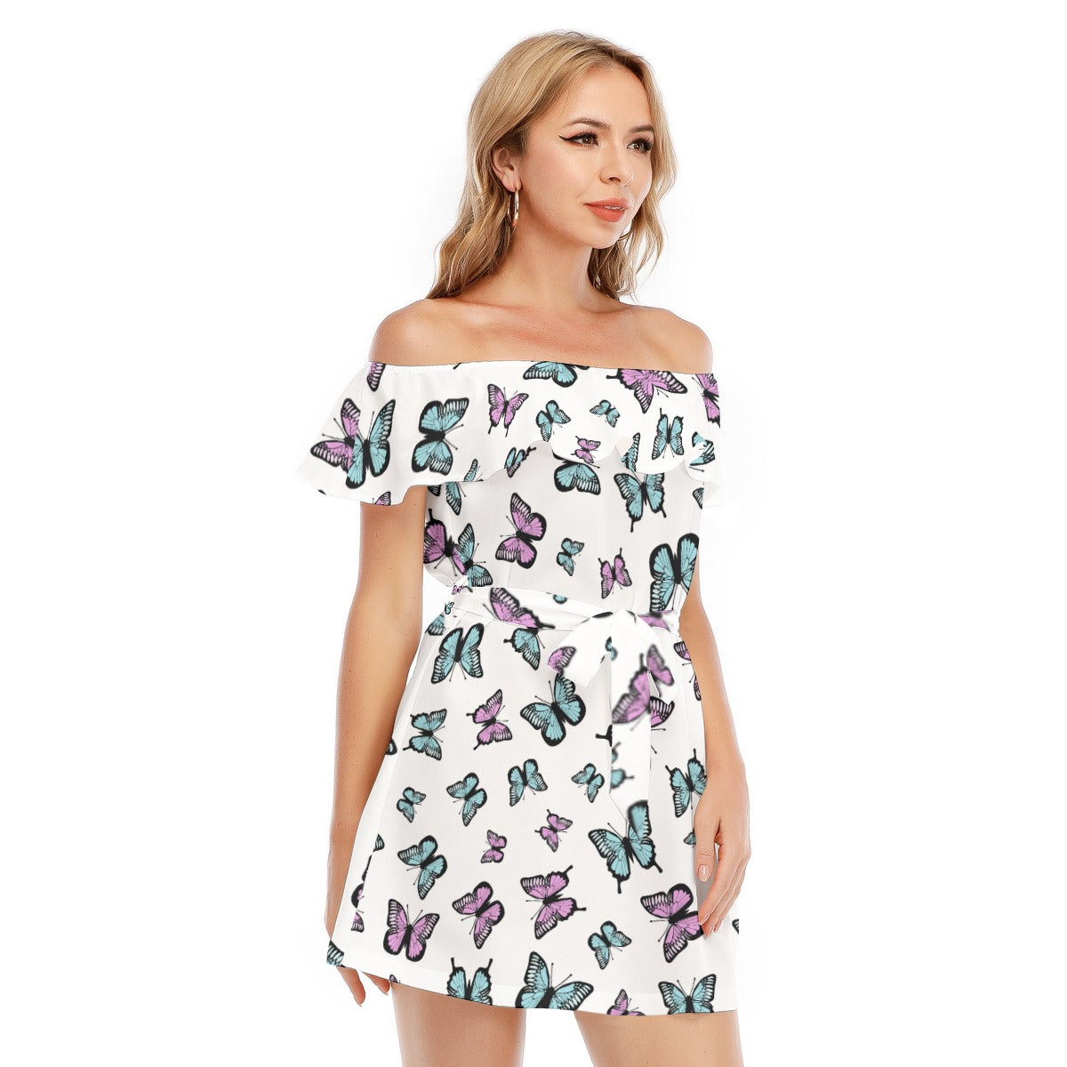Kawaii Heaven Women's Off-Shoulder Ruffle Dress with Lotus Lace, Feminine & Whimsical