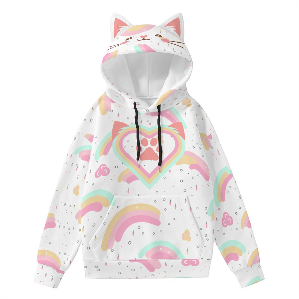 Kawaii Heaven Women's Cat Ear Hoodie with Rainbow Heart Paw Print