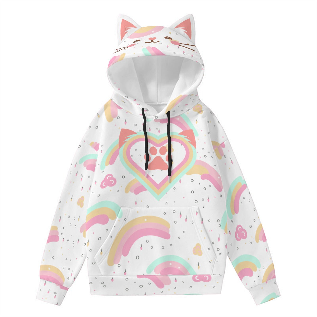 Kawaii Heaven Women's Cat Ear Hoodie with Rainbow Heart Paw Print