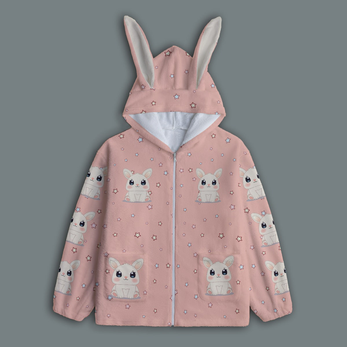 Kawaii Bunny Ear Hoodie – Cute Pink Fleece Zip Up Jacket