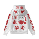 Love You Cat Hoodie - White Pullover with Red Paw Prints & Decorative Ears, Kawaii Animal Sweatshirt