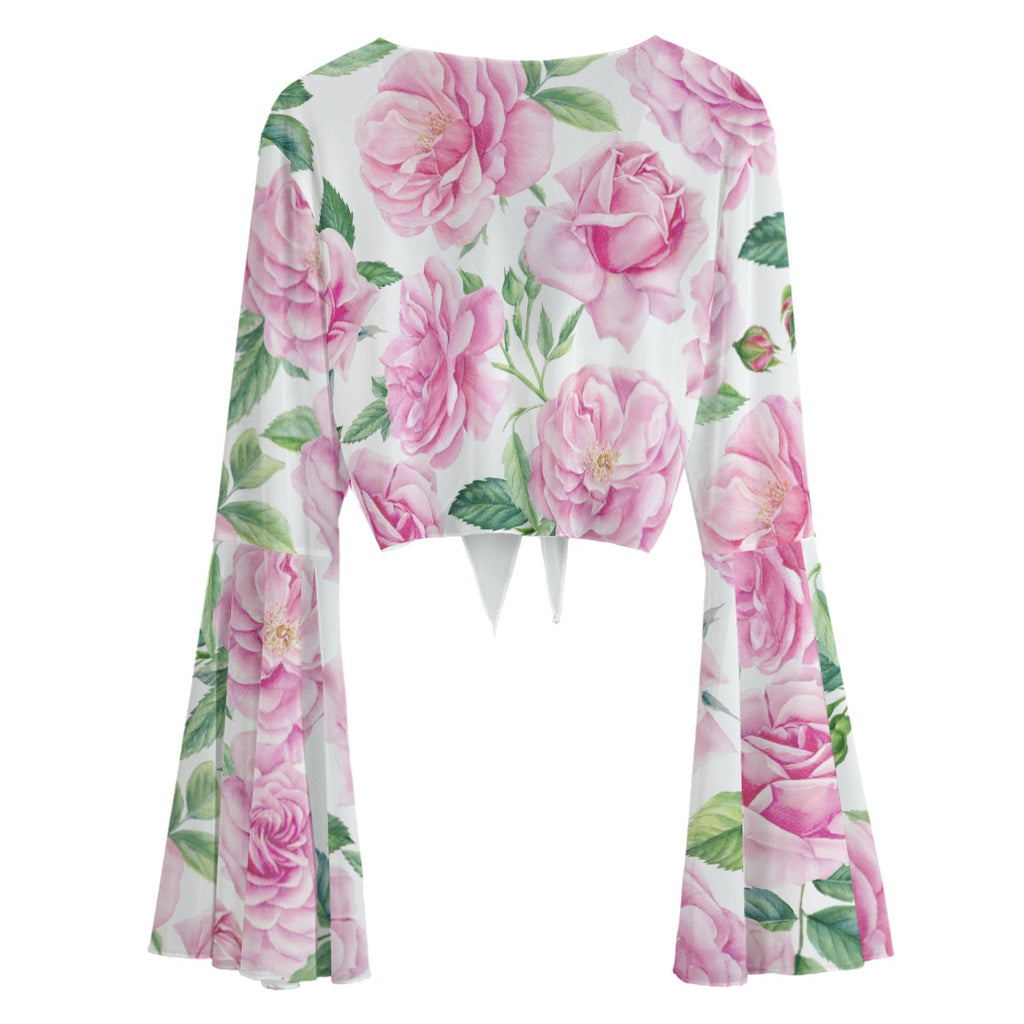 Floral Rose Mesh Tie Front Top – Bell Sleeve Sheer Blouse