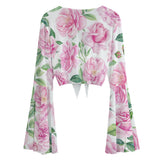 Floral Rose Mesh Tie Front Top – Bell Sleeve Sheer Blouse