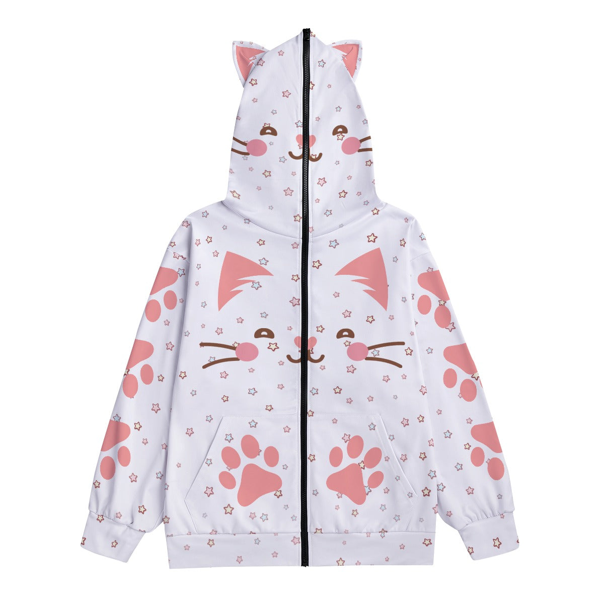Kawaii Cat Paw Print Zip-Up Hoodie with Ears - White Anime-Inspired Pullover Sweatshirt for Unisex