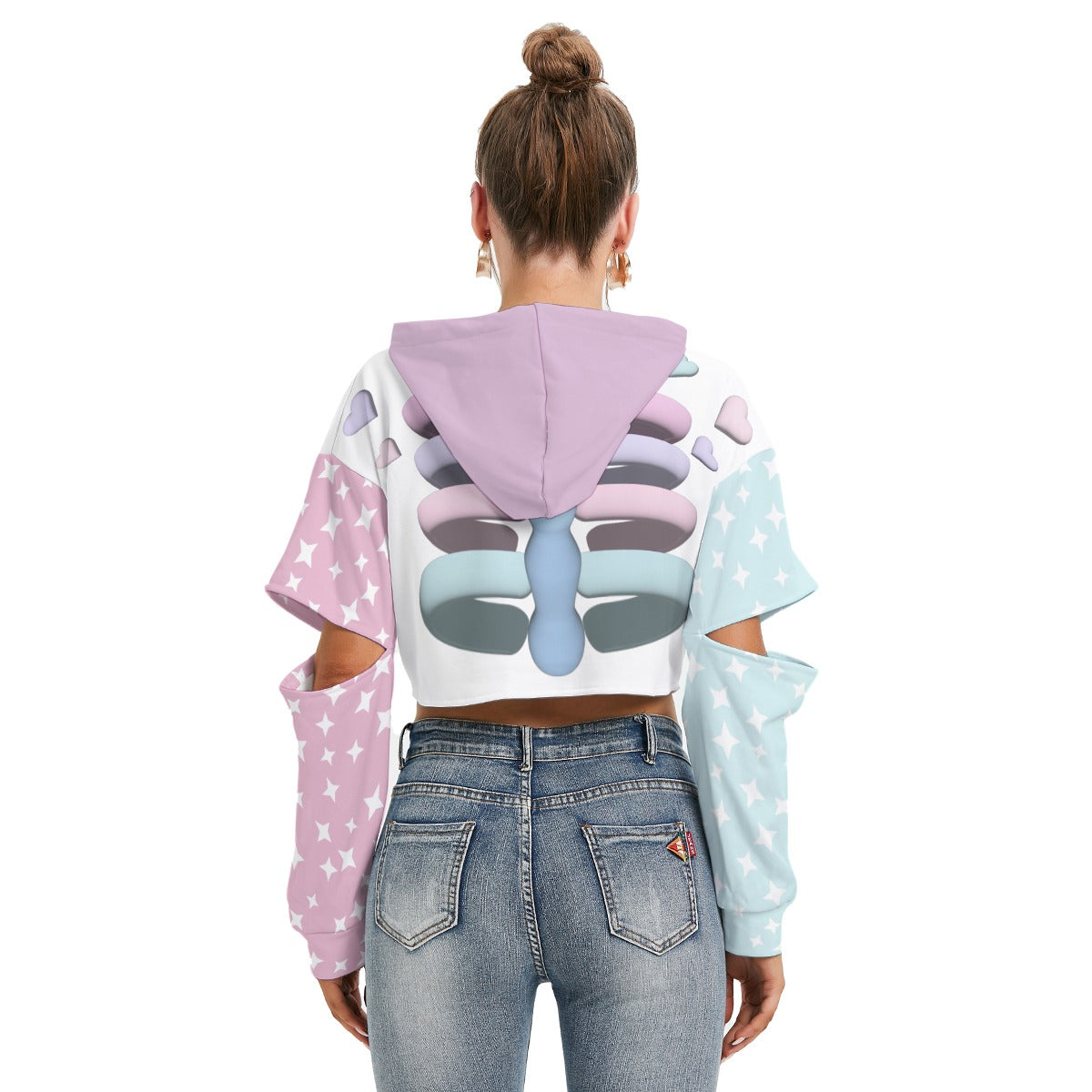 Kawaii Heaven Women's Cropped Hoodie with Pastel Skeleton Print Hollow Out Sleeve Fleece Sweatshirt