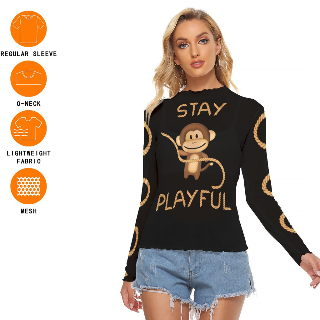 Playful Monkey Long Sleeve Top – Lightweight Mesh Feel with Fun Graphic