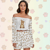 Teddy Bear Off-Shoulder Two-Piece Set – Long Sleeve Crop Top & Mini Skirt