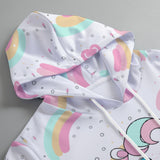 Kawaii Rainbow Unicorn Pullover Hoodie – White Pastel Sweatshirt with Cute Graphic Print, Scuba Fabric
