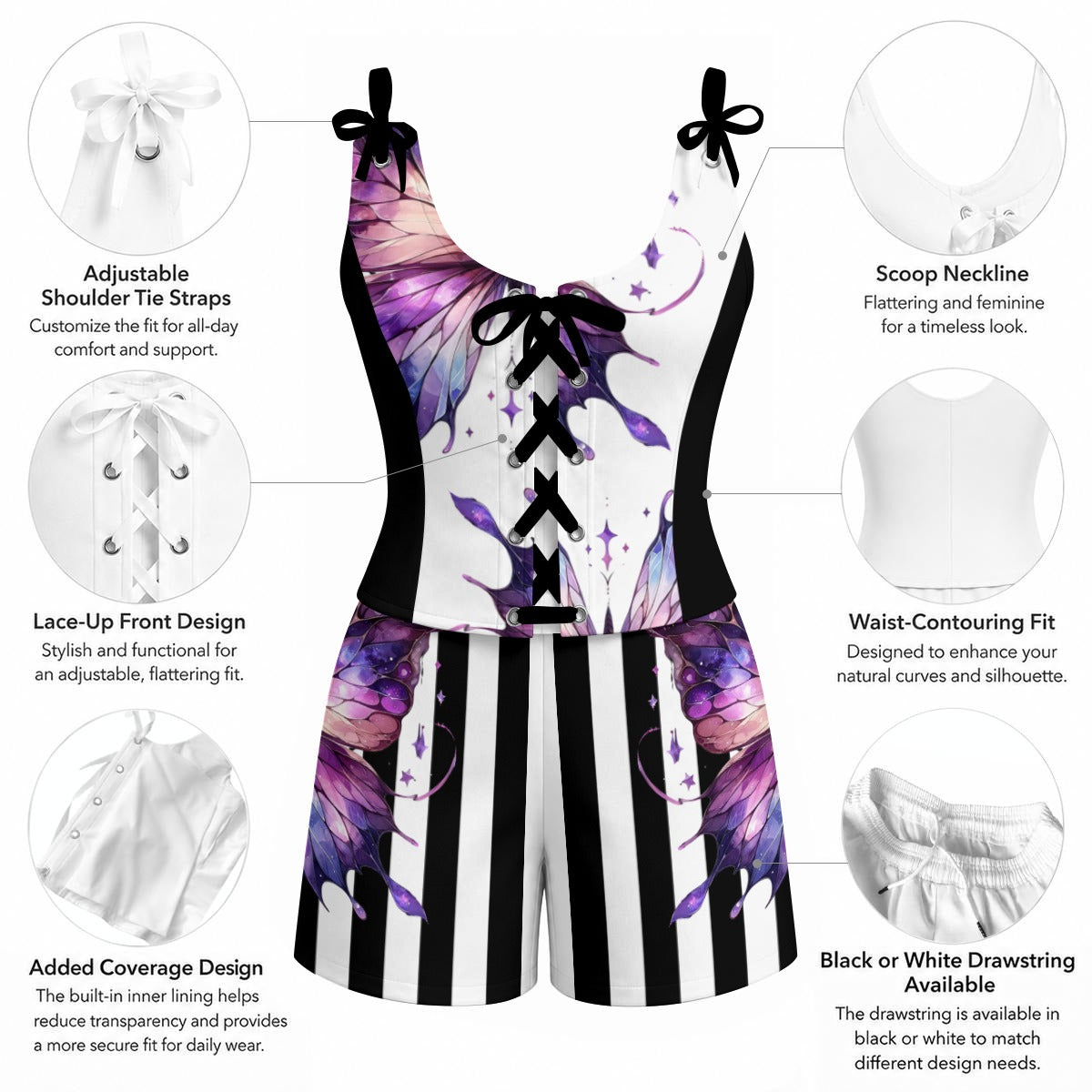 Purple Butterfly Corset Romper Set – Gothic Fairycore Lace-Up Outfit