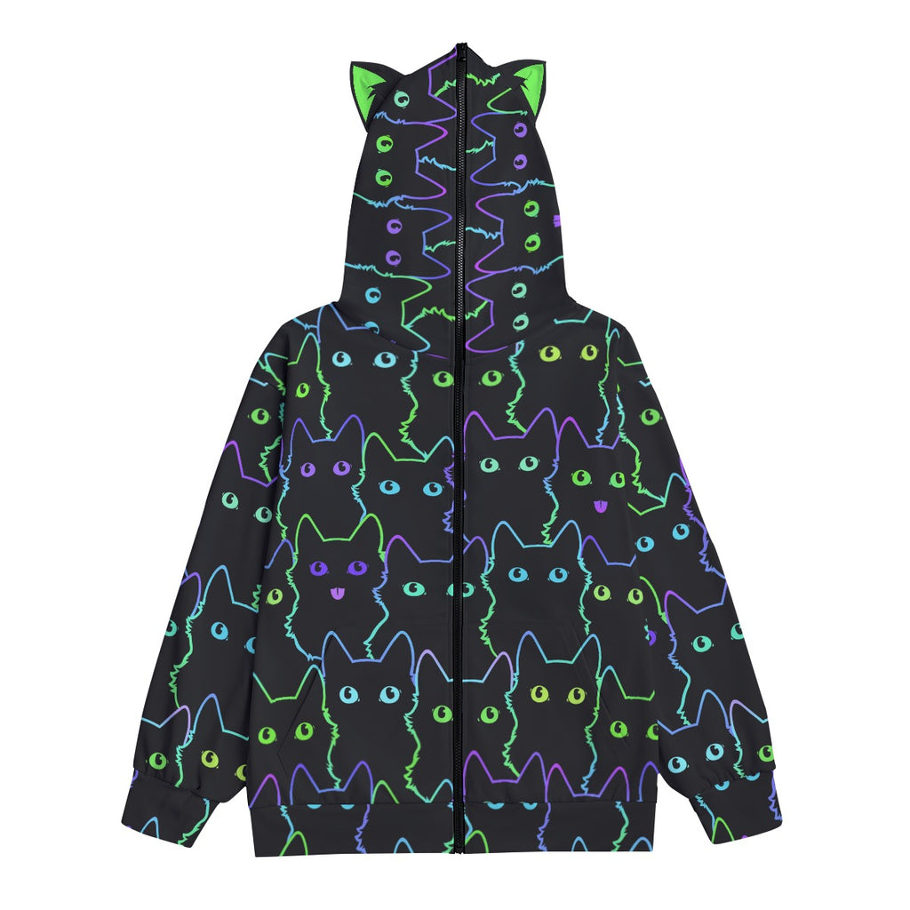 Neon Cat Print Zip-Up Hoodie with Cat Ears - Black Unisex Scuba Hooded Jacket