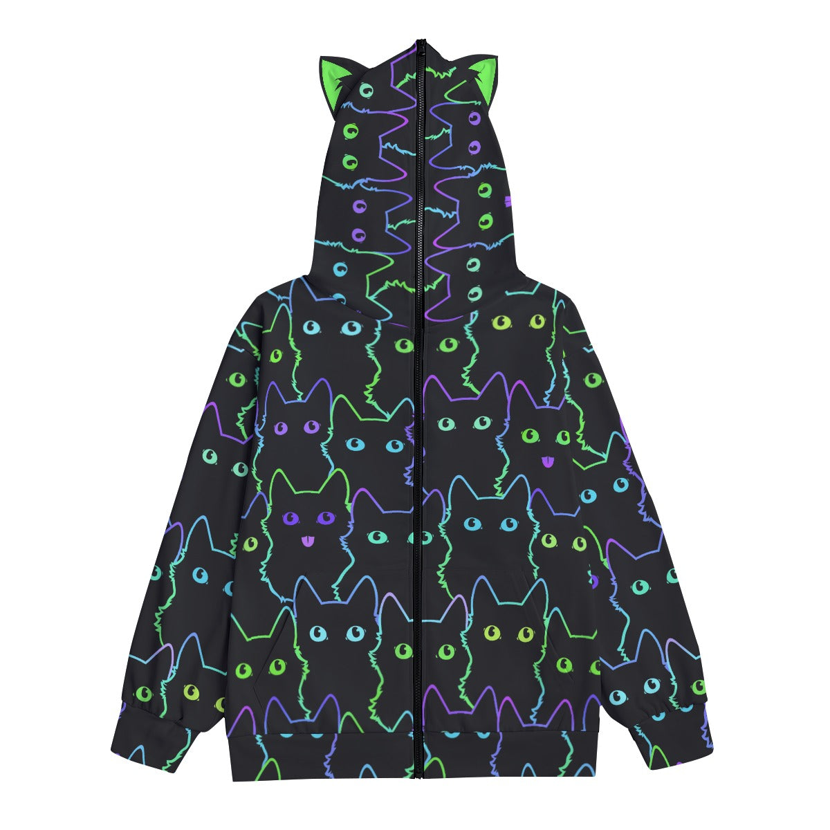 Neon Cat Print Zip-Up Hoodie with Cat Ears - Black Unisex Scuba Hooded Jacket