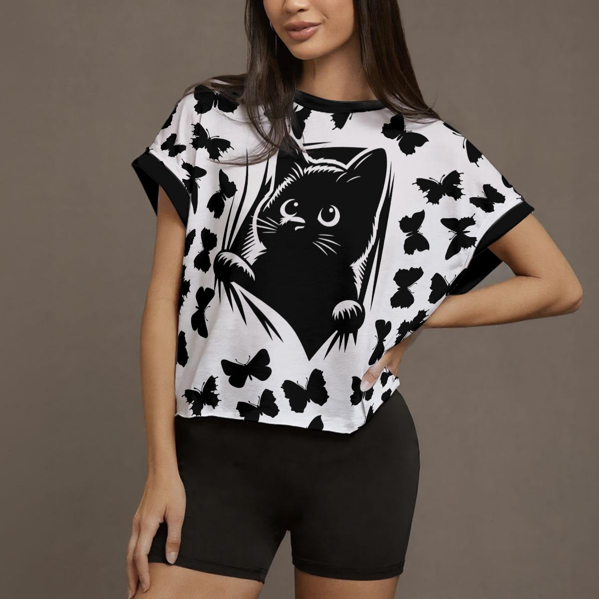 Open Back Cat Graphic T-Shirt – Relaxed Fit Crossover Yoga Top