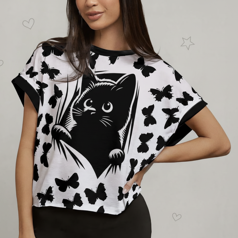 Open Back Cat Graphic T-Shirt – Relaxed Fit Crossover Yoga Top