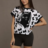 Open Back Cat Graphic T-Shirt – Relaxed Fit Crossover Yoga Top